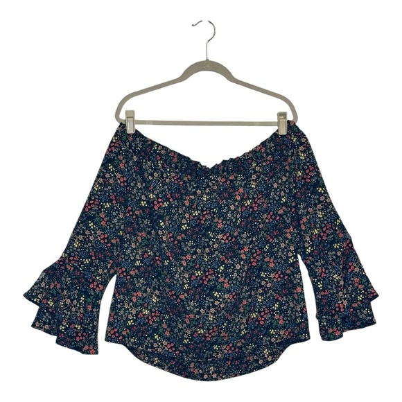 Lucky Brand Blue Floral Print Off Shoulder Ruffle Sleeve Boho Peasant Top LG‎ - Picture 1 of 7